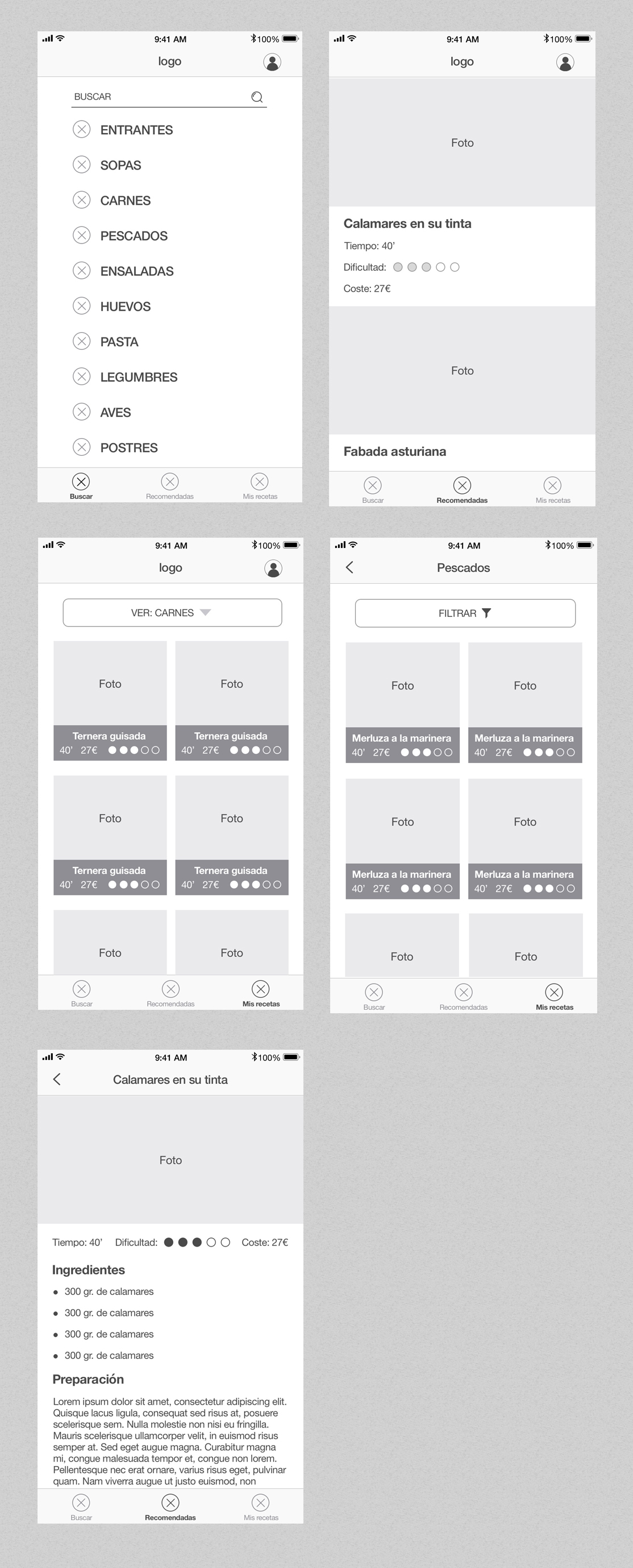 Wireframes para diseño de App.